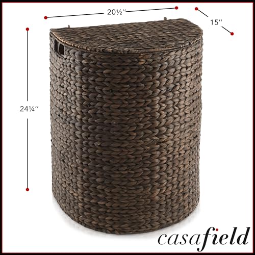 Casafield Half Moon Laundry Hamper with Lid and Removable Liner Bag - Espresso Dark Brown, Woven Water Hyacinth Laundry Basket for Clothes and Towels