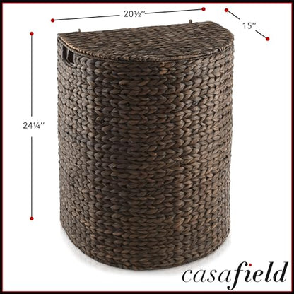 Casafield Half Moon Laundry Hamper with Lid and Removable Liner Bag - Espresso Dark Brown, Woven Water Hyacinth Laundry Basket for Clothes and Towels