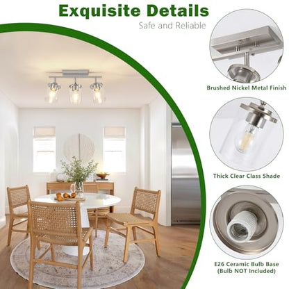 FadimiKoo 3-Lights Kitchen Light Fixtures Ceiling Mount, Brushed Nickel Adjustable Semi Flush Mount Ceiling Light with Clear Glass, Multi-Directional Track Spotlights for Kitchen Hallway Bathroom - color: Brushed Nickel, size: 3-Lights