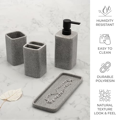 Bathroom Accessory Sets, 4 Pieces Bathroom Accessories Complete Set Vanity Countertop Accessory Set, Includes Lotion Dispenser Soap Pump, Tumbler, Toothbrush Holder and Tray (Grey) - color: Gray
