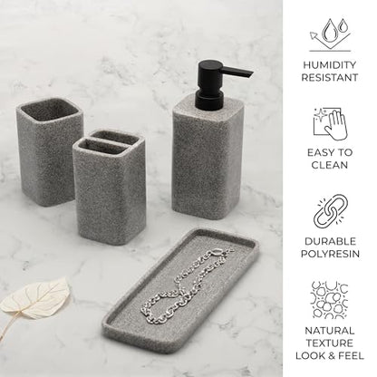 Bathroom Accessory Sets, 4 Pieces Bathroom Accessories Complete Set Vanity Countertop Accessory Set, Includes Lotion Dispenser Soap Pump, Tumbler, Toothbrush Holder and Tray (Grey) - color: Gray