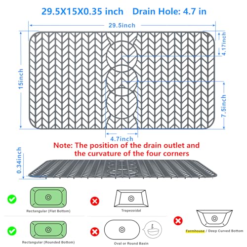 Sink Protectors for Kitchen Sink 12" 13" 16" 18" 19" 24" 26" 28" 29" Silicone Sink mat| Silicone Kitchen Sink Mat Grid for Bottom of Farmhouse Stainless Steel(29.5"X15"Gray) | Various sizes and styles,Free-form cutting,Holes for different positions,Protec