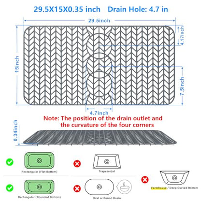 Sink Protectors for Kitchen Sink 12" 13" 16" 18" 19" 24" 26" 28" 29" Silicone Sink mat| Silicone Kitchen Sink Mat Grid for Bottom of Farmhouse Stainless Steel(29.5"X15"Gray) | Various sizes and styles,Free-form cutting,Holes for different positions,Protec