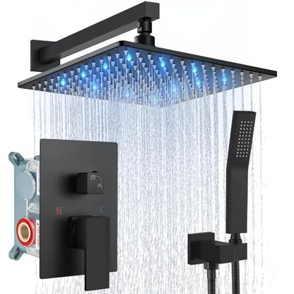 Aolemi Shower Faucet Set with Valve Handheld 12" LED Head Matte Black | Handheld Spray,12 Inch Rain LED Head,Valve and Trim Kit,All Metal,Wall Mount Shower System,Bathroom Mixer - color: Black, size: 12 Inch LED Shower Head