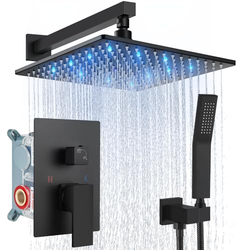 Aolemi Shower Faucet Set with Valve Handheld 12" LED Head Matte Black | Handheld Spray,12 Inch Rain LED Head,Valve and Trim Kit,All Metal,Wall Mount Shower System,Bathroom Mixer - color: Black, size: 12 Inch LED Shower Head