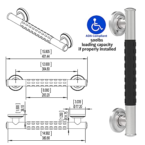 1-1/4 x 12inch Stainless Steel Bath Safety Grab Bar with Anti Slip Rubber Grip, ADA Compliant 500lbs Weight Support, Decorative Collection Miami, Brushed Nickel