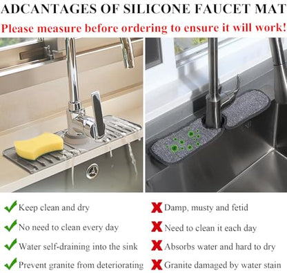 YATOISUR Sink Splash Guard 14.4” x 5.4” - Sink Faucet Mat with Faucet Water Catcher Mat & Soap Dish & Sponge Holder 3 in 1 - Silicone Faucet Handle Drip Catcher Tray for Kitchen RV & Bar Faucet, Grey - color: Gray