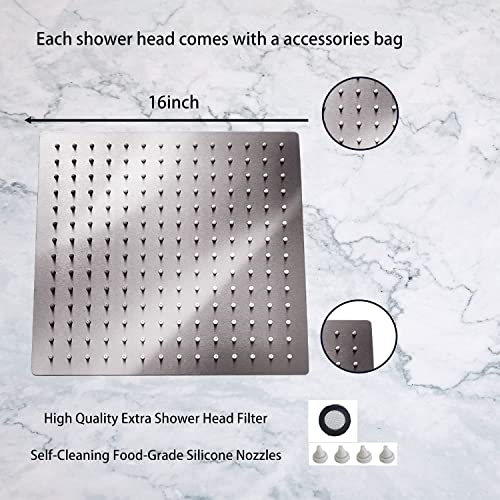 Rain Shower Head Brushed Nickel with Extension Arm 16 Inch Square Shower Head with 16 Inch Shower Arm Large Stainless Steel Rainfall Showerhead Waterfall Full Body Coverage - color: Brushed Nickel, size: 16inch