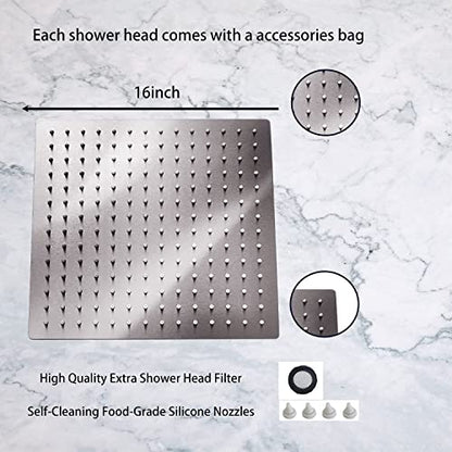 Rain Shower Head Brushed Nickel with Extension Arm 16 Inch Square Shower Head with 16 Inch Shower Arm Large Stainless Steel Rainfall Showerhead Waterfall Full Body Coverage - color: Brushed Nickel, size: 16inch
