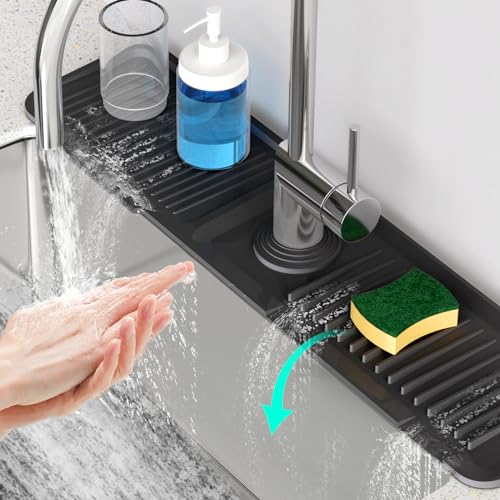 24 Inch Longer Faucet Mat for Kitchen Sink, 5° Slope Fast Self-draining, Kitchen Sink Splash Guard Silicone Sink Faucet Mat Splash Guard Kitchen Sink Area Tidy Splash Faucet Guard Draining Mat - color: Black, size: 24" x 5.5"