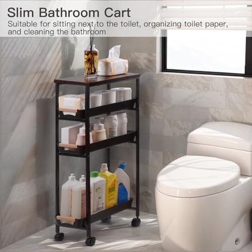 5 Tier Narrow Slim Rolling Cart Wood Top Storage Cart Black | 5 tier narrow rolling cart slides into 8 inch gaps, while solid wood top provides durable storage over plastic surfaces - color: Black