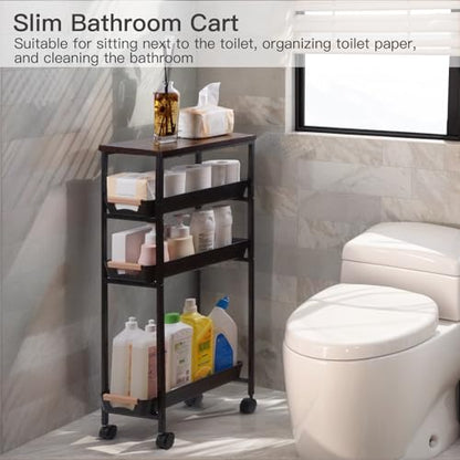 5 Tier Narrow Slim Rolling Cart Wood Top Storage Cart Black | 5 tier narrow rolling cart slides into 8 inch gaps, while solid wood top provides durable storage over plastic surfaces - color: Black