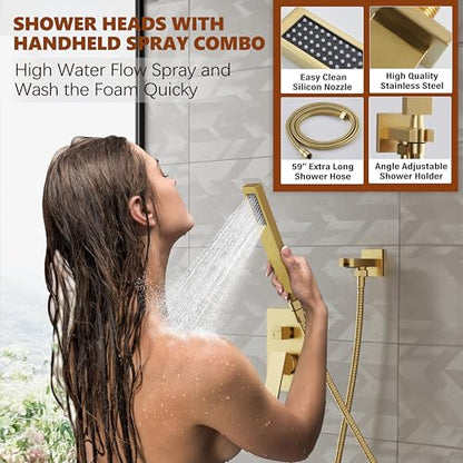 Kurpot Gold Shower System, 10'' Square Rainfall Shower Head with Handheld Combo Spray, Bathroom Brushed Gold Shower Faucet Set with Valve, 59'' Shower Hose, Shower Trim Kit and Diverter, Wall Mounted - color: Brushed Gold
