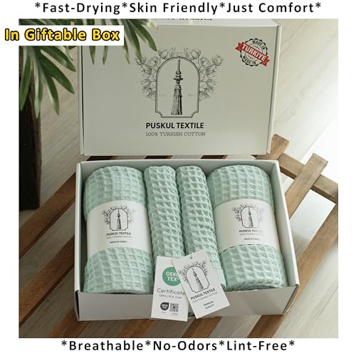 PÜSKÜL Natural 100% Turkish Cotton Waffle Towels Set of 4-Piece, Ice Green | 2-Bath sheet (Extra-large 32x63") and 2-Hand towel (Large 32x16"). Premium honeycomb-waffle weave, oeko-tex made in Turkiye. - color: Ice Green