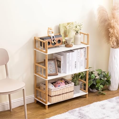 3-Tier Expandable Freestanding Open Bamboo Book Shelf - No-Tool Assembly & Modular,Bathroom Storage Shelf Unit Plant Stand for Small Space, Bedroom, Living Room, Home Office (White, 3-Tier WithRail) - color: White 3-tier-2