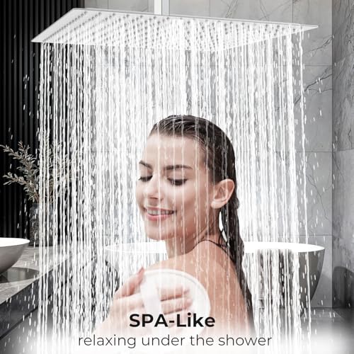 Oversize Rain Shower Head, Ultra Thin 16 Inch Square Stainless Steel Rainfall Shower Head with 360° Rotation, High Pressure Waterfall, Full Body Coverage, Brush Nickel - color: Brushed Nickel, size: 16 Inch