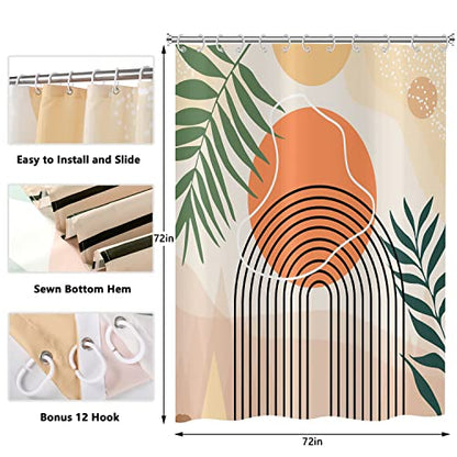 Boho Abstract Mid Century Shower Curtain Set - Geometric Leaves Neutral Modern - Green Plant Eucalyptus - Arch Sun Bathroom Curtain - 72x72 Inch - color: Boho Sun, size: 72"W x 72"L (Pack of 1)