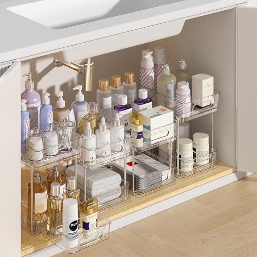 Delamu 2 Tier Under Sink Organizer Bathroom, Bathroom Cabinet Organizer with Snap-Lock Design and Hooks, Pull Out Storage with Movable Dividers, for Countertop, Kitchen and Pantry (Clear, 4 Pack) - color: Clear, size: 4 pack