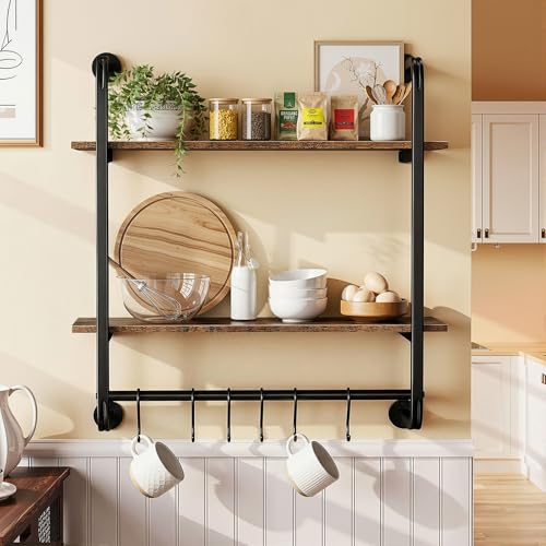2 Tier Industrial Pipe Floating Shelf, 24" Kitchen Wall Shelves | with Towel Bar & 6 Hooks, Coffee Bar Shelves Display Bookshelf Wall Shelf for Kitchen, Bathroom, Home Décor, Rustic Brown - size: 24 Inch（2 Tier）