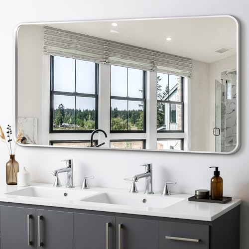 Bathroom Vanity Mirror, Silver Framed Mirror for Over Sink, 50x30 | HD glass, distortion-free for makeup and grooming, Sturdy frame, all mounting hardware, hangs horizontal or vertical - color: Rect Silver, size: 30"L x 50"W