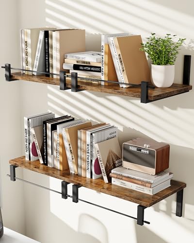 Deep Floating Shelves for Wall, 12 inch Wall Mounted Shelves Set of 2, Wide Floating Shelves for Living Room, Bedroom, Study, Bathroom, Rustic Brown and Black TBJ02P2BF - color: Rustic Brown + Black