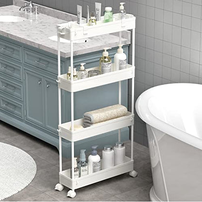 Slim Storage Cart 4 Tier,Bathroom Organizer Rolling Utility, Mobile Shelving Unit Slide Out for Office, Kitchen, Laundry Room & Narrow Places,White - color: White