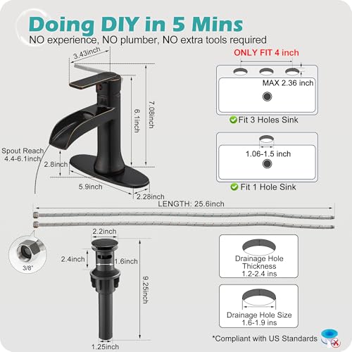 Waterfall Bathroom Sink Faucet Oil Rubbed Bronze, Brass Single Handle Bathroom Faucet 1 Hole or 3 Hole (4 Inch), Modern Bathroom Vanity Faucets with Pop Up Drain & Deck Plate for Rv Farmhouse - color: Oil Rubbed Bronze - Farmhouse