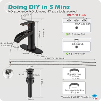 Waterfall Bathroom Sink Faucet Oil Rubbed Bronze, Brass Single Handle Bathroom Faucet 1 Hole or 3 Hole (4 Inch), Modern Bathroom Vanity Faucets with Pop Up Drain & Deck Plate for Rv Farmhouse - color: Oil Rubbed Bronze - Farmhouse