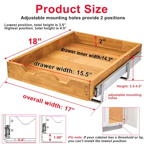 DINDON Pull Out Cabinet Organizer (17" W x 18" D) 1 Tier，Single Tier Oak Wood Under Cabinet Slide Out Shelf Drawer Box… - color: Oak Wood, 1 Tier, size: 17" W x 18" D