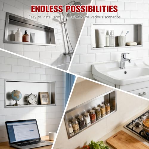 VELPAX No Tile Needed Shower Niche 30"X 12", Bathroom Wall Niche Single Shelf, Stainless Steel Shower Niche for Bathroom, Kitchens, Balconies - color: Silver, size: 30"X 12" Single Shelf