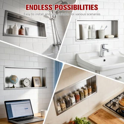 VELPAX No Tile Needed Shower Niche 30"X 12", Bathroom Wall Niche Single Shelf, Stainless Steel Shower Niche for Bathroom, Kitchens, Balconies - color: Silver, size: 30"X 12" Single Shelf