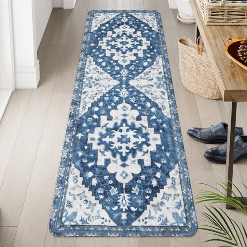 Uphome Boho Vintage Large Bathroom Rugs Blue Non-Slip Soft Hallway Runner Traditional Tribal Machine Washable Bedroom Rug Oriental Floral Aesthetic Floor Mat for Entryway Kitchen Laundry, 24x71 inch - color: Blue, size: 24x71 inch