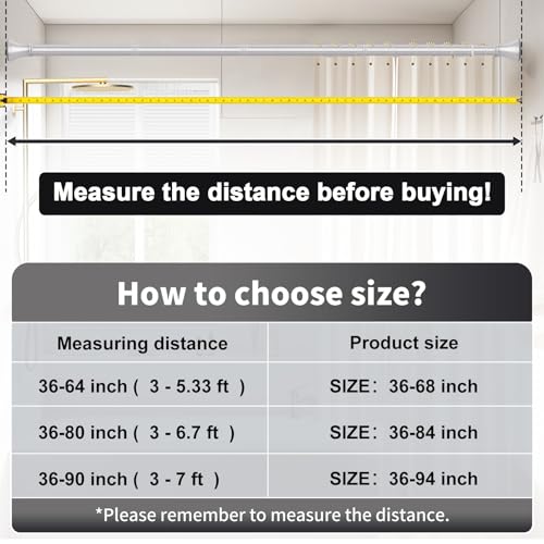 Silver Shower Curtain Rod 36-94 Inch(3-7.8ft), No Slip No Drill No Rust Shower Rod For Bathroom Window Patio, Adjustable Spring Long Tension Rod - color: Silver, size: 36"-94"