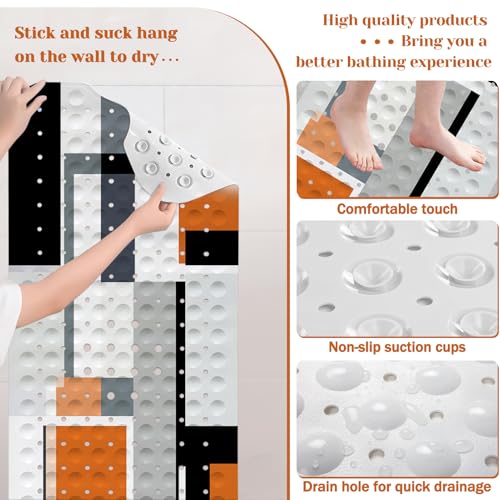 Orange Black Bath Tub Mat Non Slip, Modern Geometric Large Washable Shower Mats with Drain Holes and Suction Cups,40 X 16 Inch - color: Orange Black
