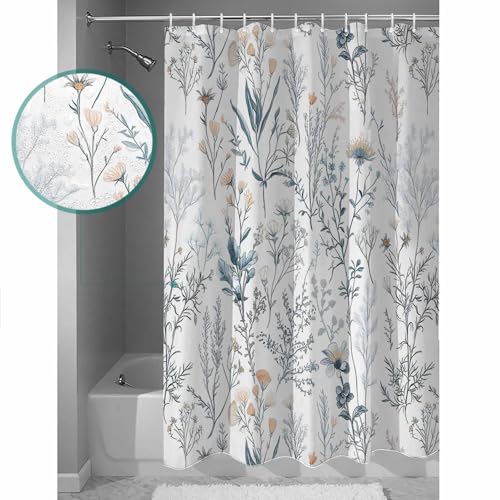 Botanical Floral Bathroom Shower Curtains with 12 Hooks Polyester Waterproof Shower Curtain for Stalls and Bathtubs Flowers Leaves Plants Light Blue Decorative Bathroom Privacy Curtain 48x72 Inches - size: 48"x72"