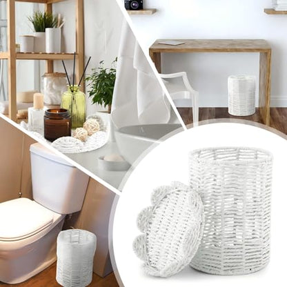 Ctosree 1.3 Gallons Small Wicker Trash Can with Lid Handle Woven Wicker Rattan Bathroom Waste Basket Boho Trash Basket with 100 Plastic Garbage Bags for Bedroom Office Laundry (Scalloped Style, White) - color: White, size: 1.3 Gallons, style: Scalloped St