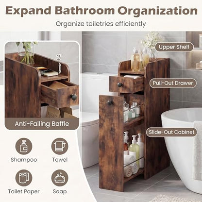 COSTWAY Slim Bathroom Cabinet, Freestanding Narrow Organizer, Rustic Brown | 7" Wide Space-Saving Storage with 2-Tier Slide-Out Drawer, Shelf & Toilet Paper Holder, for Bathroom, Laundry & Small Spaces - color: Rustic Brown