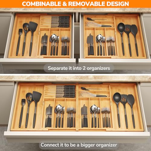 BAMEOS Expandable Silverware Drawer Organizer with Removable Knife Blocks, Bamboo Kitchen Utensil Holder from 21" to 36", Large Cutlery Tray with Divider for Forks, Spoons, Knives - size: 2''H 17x36
