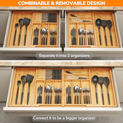BAMEOS Expandable Silverware Drawer Organizer with Removable Knife Blocks, Bamboo Kitchen Utensil Holder from 21" to 36", Large Cutlery Tray with Divider for Forks, Spoons, Knives - size: 2''H 17x36