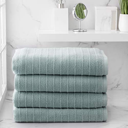 Welhome James 100% Cotton Textured Stripe 4 Pack Bath Towels - Soft & Absorbent Bath Towel Set, Mineral - color: Mineral, size: 4 Piece Bath Towel
