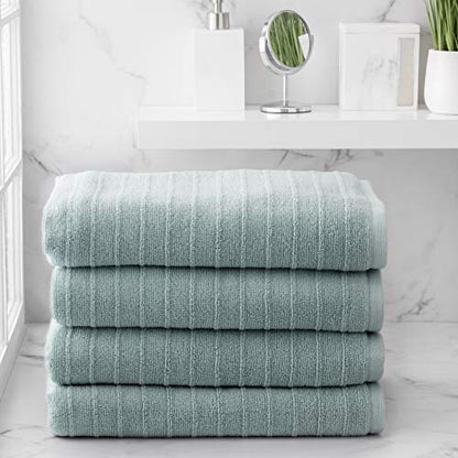 Welhome James 100% Cotton Textured Stripe 4 Pack Bath Towels - Soft & Absorbent Bath Towel Set, Mineral - color: Mineral, size: 4 Piece Bath Towel