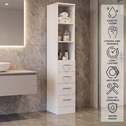 Tuhome Vanguard Tall Linen Cabinet, 68.3" Glass-Door Bathroom Linen Tower with 4 Drawers & 3 Open Shelves, Slim 12" Engineered Wood Linen Storage Cabinet