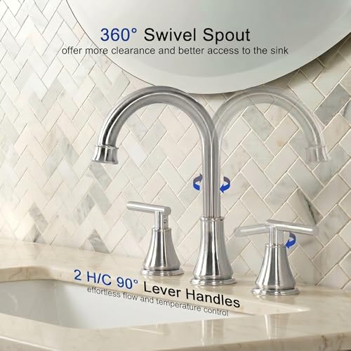 COMLLEN Brushed Nickel Bathroom Faucet 3 Hole Vanity,360 Degree Rotating Spout, 2 Handle 360° Swivel Brushed Nickel 8 Inch Widespread Bathroom Sink Faucet 3 Holes, with Pop-up Drain, Supply Lines - color: Brushed Nickel