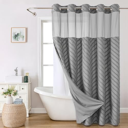 eachope No Hook Tufted Chevron Striped Shower Curtain with Snap-in Fabric Liner set-71Wx74H(72H),Grey Hotel Grade Boho Style Shower Curtain with See Through Top Window,Water Repellent - color: Grey, size: 71"W x 74"L (Pack of 1)
