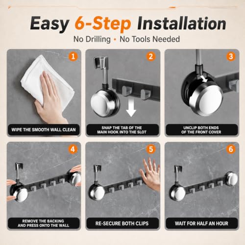 Suction Cup Handheld Shower Head Holder with 4 Hanger Hook Wall Mount, Adjustable Handheld Shower Head Mount Removable for Large & Heavy Shower Heads - Bathroom Wall Mounted Shower Wand Holder