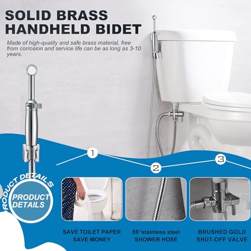 SonTiy Handheld Bidet Sprayer for Toilet, All Metal Cloth Diaper Toilet Sprayer Bidet Attachment with Backflow Preventer, Adjustable Water Jet Spray, 7.2" Brass Hand Held Bidet Wand, Chrome