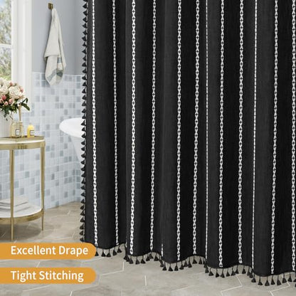 Boho Striped Tassel Linen Shower Curtain,3D Embroidery Stripe Black,60x72 | Wide Tub,310GSM Striped Texture Heavy Duty Cloth,Water Repellent,Weighted Hem,Wrinkle Resistant,Farmhouse Rustic Country - color: Black, size: 60"W x 72"L (Pack of 1)