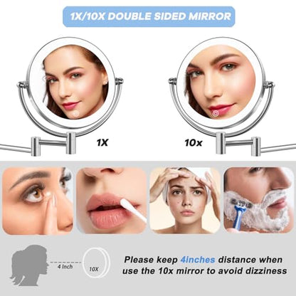 Magnifying Makeup Mirror Wall Mounted with Light, 1X/10X, Hardwired | Double Sided, Touch Switch 3 Color Lighting, Adjustable Brightness, Bathroom Extended Swing Arm Vanity Shaving, Brass Chrome - color: Chrome