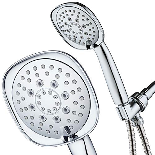 Luxury Square 6-setting High-Pressure Hand Shower. Extra-Long 72" Stainless Steel Hose, Bracket, Solid Brass Fittings, All-Chrome Finish. Premium Handheld Shower Head from Top American Manufacturer! - color: Chrome