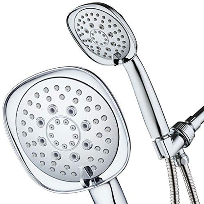 Luxury Square 6-setting High-Pressure Hand Shower. Extra-Long 72" Stainless Steel Hose, Bracket, Solid Brass Fittings, All-Chrome Finish. Premium Handheld Shower Head from Top American Manufacturer! - color: Chrome